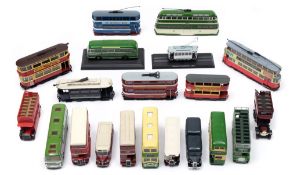 A collection of various trolley buses, coaches and double decker buses:, in various liveries,