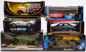 Six 1/18th scale models:, including a VW Camper van, an Aston Martin V12 Vanquish, BMW 507,