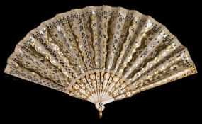 A Regency period ivory fan: with silk leaf having applied sequin decoration,