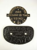 A GWR 10 ton wagon plate, dated 1940, together with an LNER 12 ton wagon plate dated 1942:,(2).