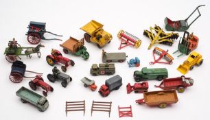 A collection of various Dinky, Corgi and other farmyard and commercial vehicles:, unboxed.