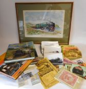 A collection of reproduction poster postcards, railway books, stamps, reproduction GWR guide,
