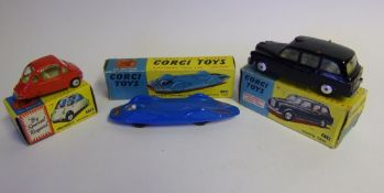 Corgi No 233 Heinkel Economy Car: No 418 Austin Taxi and No 153 Proteus-Campbell 'Bluebird' Record