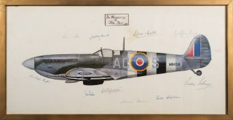 A Douglas Bader signed print of a Supermarine Spitfire:, also signed by Johnnie Johnson,