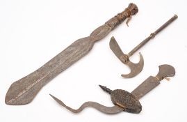 A 19th Sudanese? short sword:, the broad flat blade with geometric decoration on open ricasso,