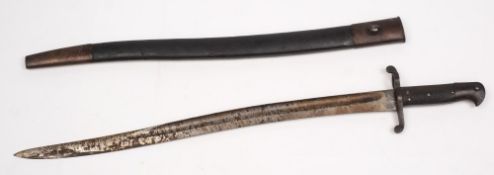 A British Army Enfield bayonet:, WD marked and stamped, in leather scabbard.