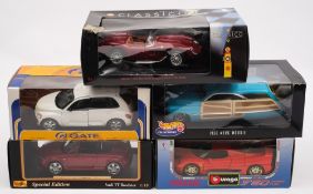 Five 1/18th scale model cars:, including a 1958 Ferrari 250 Testa Rossa, a Merc Woodie,
