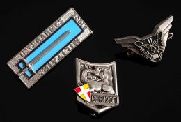 A French Combined Arms Military School enamel badge together with two other French military badges;
