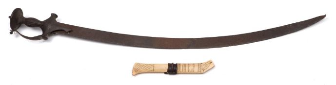 An Indo Persian tulwar together with a bone handled knife:,