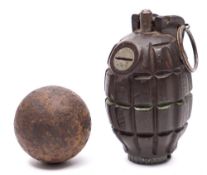 A Mk I No 36 Mills grenade together with a 1lb cannon ball:,