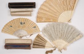 A collection of four European fans: including feather applied fans, paper fans and silk fans,