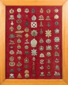 A collection of British army cap badges: mounted framed and glazed, including Highland,