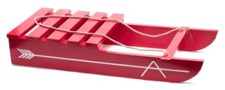 A 'Blue Peter' child's wood sledge: painted red with aluminium lined runners,