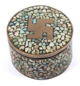 A WWII period trench art circular box and cover: inlaid with swastika to cover.