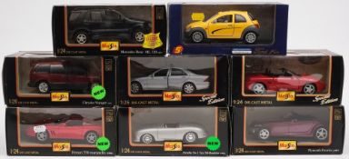 Seven Maisto 1/24th scale model cars:, including a Porsche 356, Ferrari 550, MB 320,