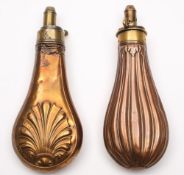 A copper and brass powder flask by G & J Hawksley and another example by James Dixon & Sons:,