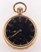 An Omega military keyless open face pocket watch:, with black enamel dial,