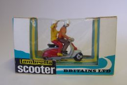 Britains, No 9685 Lambretta Scooter: pale grey and red with civilian rider and pillion passenger,