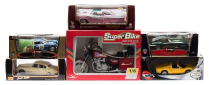 Five 1/18th scale model cars and a 1/6th scale model of a custom motorbike by Guiloy:,