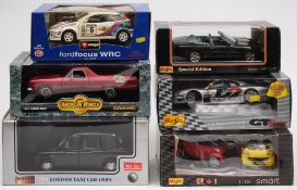 Six 1/18th scale models including a 1970 El Camino:, a TX1 London Taxi, a Ford Focus WRC,