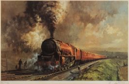 After Alan Fearnly (1942-):, a signed limited edition print of an LMS locomotive at speed,
