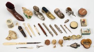A collection of Victorian and later sewing accoutrements:, including a treen shoe pin cushion,