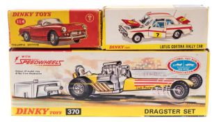 Dinky No 205 Lotus Cortina Rally Car, No 114 Triumph Spitfire and No 370 Dragster set:,