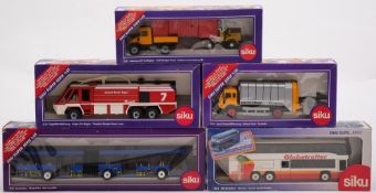 A Siku 1/55 scale model Airport Fire Engine:, together with a Hinged Bus, an MB -coach,