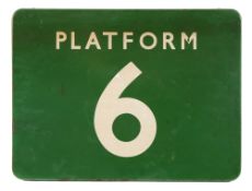 A Southern railways green and white enamel sign 'Platform 6':, folded edge on a later wooden frame,