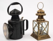 A railway man's hand signal lamp together with a later square brass lamp:,
