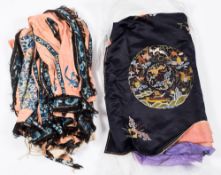 A 19th century Chinese pink silk and floral embroidered skirt and a blue silk kimono jacket:,