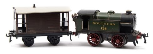 Hornby, an 0-4-0 tank clockwork locomotive No E126 in SR green livery: and a Bassett-Lowke T.P.