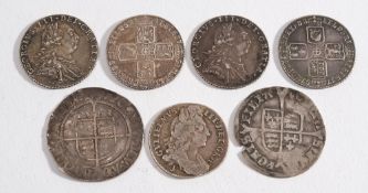 Six silver 6d coins and two Silver groats:, 1758,1787,1696, 1787 and 1757 (6d),