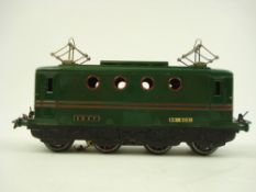 A French Hornby electric 'BB' locomotive in SNCF green with red lining:, 'BB-8051'.