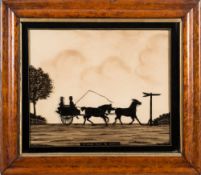 A pair of 19th century reverse glass silhouettes 'Off to the Derby (1827) and companion 'Returning