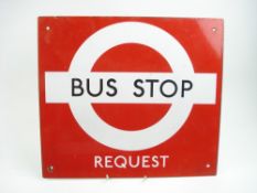 A mid-20th century London Transport enamel Bus Stop (Request) sign:,
