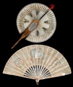 A late 19th century Italian Sorrento ware souvenir cockade fan: the paper leaf with printed floral