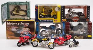Five 1/18th scale model motorcycles:, including a BMW C1 and a Harley Davidson Electra Glide,