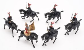 A collection of five Britains Lifeguards on horseback, Winter coat dress and one standard bearer:,
