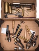 A collection of various powder drams, wad cutters and gunsmith's tools:, (a lot).