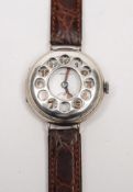 A WWI period Continental silver wrist wristwatch by Carrington: with white enamel dial and luminous