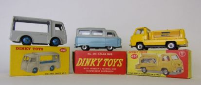 Dinky No 295 Atlas Bus: light blue/grey body, red interior, No 490 Electric Dairy Van,
