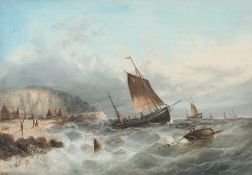 W H Williamson [19th Century]- Trawlers leaving harbour in choppy seas:- a pair,