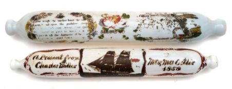 Two 19th century maritime theme glass rolling pins:,