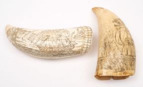 Two scrimshaw decorated teeth:,
