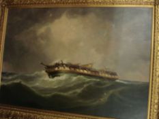 Circle of George Clarkson Stanfield [1828-1878]- Abandoned hulk drifting in rough seas:- oil on