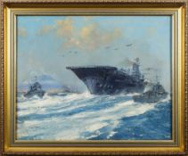* Frank Henry Mason [1876-1965]- Aircraft Carrier in Naples Bay:- signed, oil on board, 39 x 49cm.