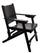 Two overpainted teak folding deck chairs:, reputedly from RMS Queen Mary,