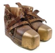 A pair of brown leather Siebe Gorman pattern diver's boots:, brass toe caps and leaded wooden sole.