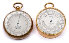 A gilt compensated pocket barometer by J Hicks, London:, the silvered dial with thermometer,
